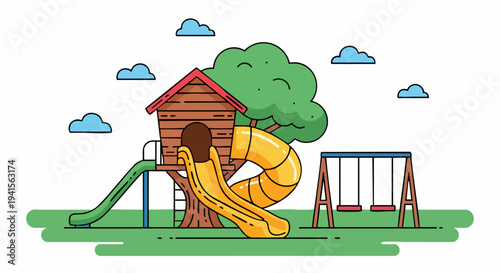 Playground with Treehouse, Slide, and Swings for Childrens Fun.