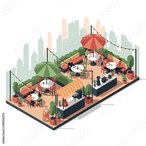 Isometric view of a vibrant rooftop restaurant with people enjoying outdoor dining.