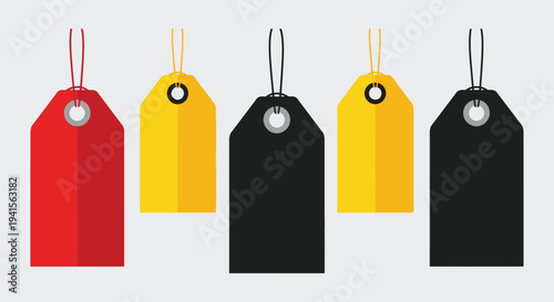 Five colorful price tags hang against a light gray background showcasing minimalist design and a striking silhouette high quality professional detailed