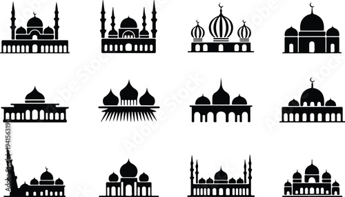Set of 12 mosque icons vector, black silhouette illustrations