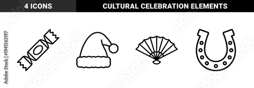 Holiday symbols and cultural elements for festive design. Chunky monoline graphics featuring a santa hat, wrapped candy, folding fan, and horseshoe.