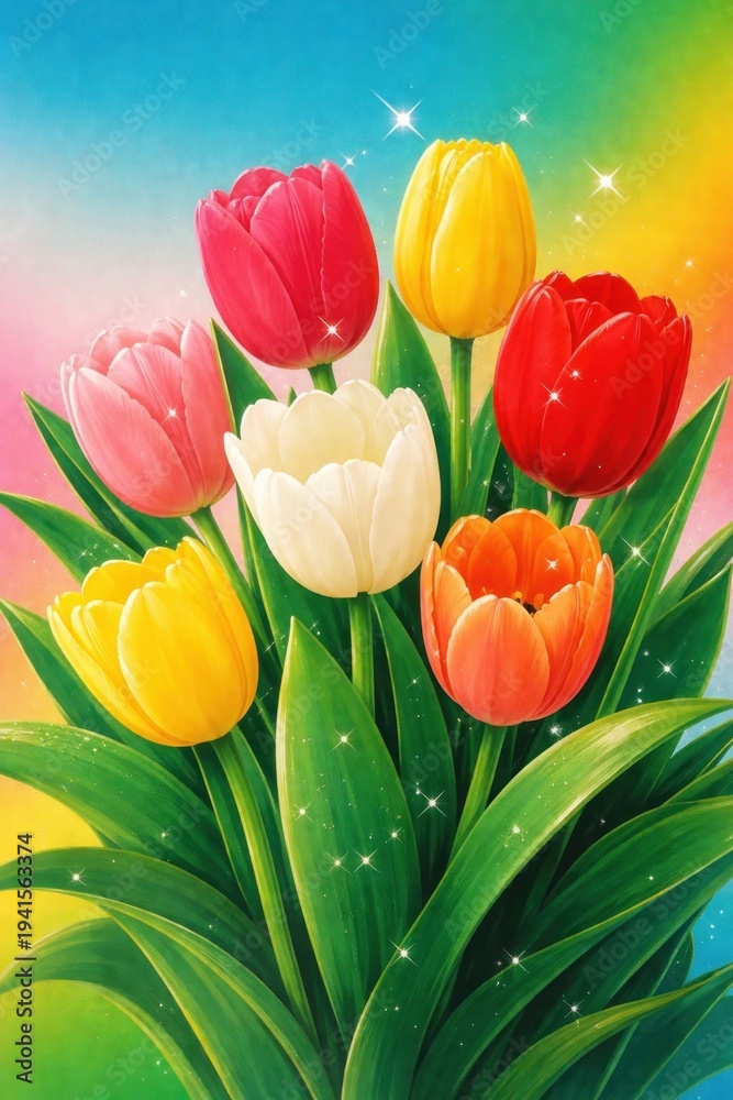Fototapeta premium Vibrant tulips with sparkling background.
