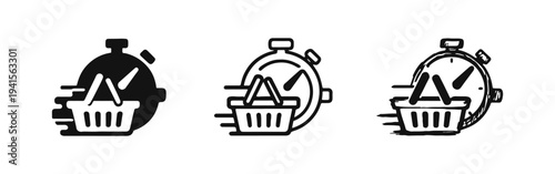Fast Delivery Shopping Basket with Stopwatch Icon Set - Express Online Retail Service Symbol Collection