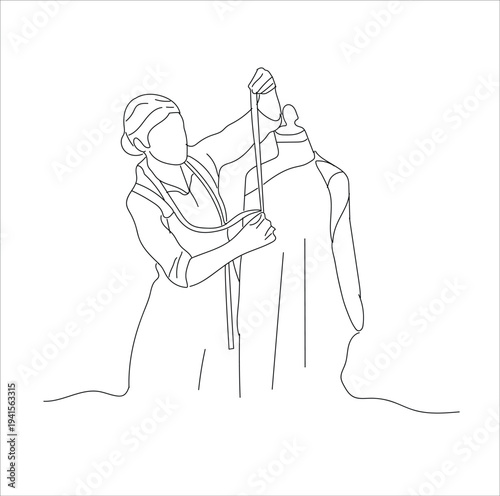 This continuous line drawing shows a female tailor measuring a jacket on a mannequin, symbolizing fashion design concept for National Tailors Day, 