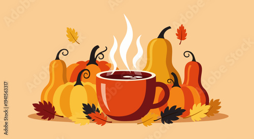 Cozy Autumn Mug with Pumpkins and Fall Leaves.