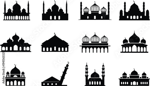 Set of 10 mosque icons vector, black silhouette illustrations