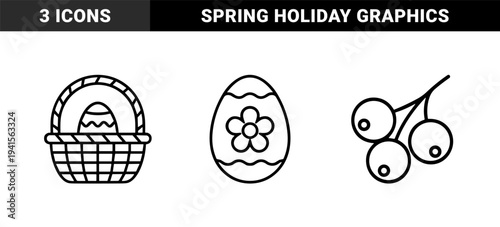 Easter celebration and spring seasonal elements in monoline style. Minimalist line art featuring a traditional basket, decorated egg, and holly berries.