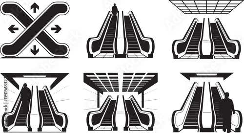 Escalator icon set, moving stairway, vertical transport, people on escalator, up and down arrows