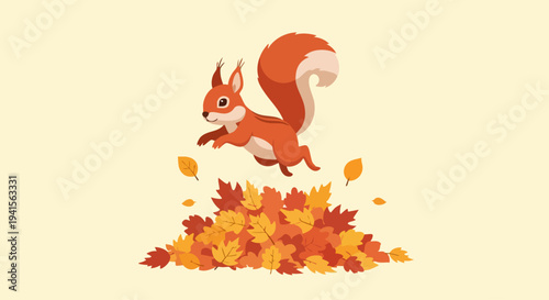 Playful squirrel jumping into a vibrant pile of autumn leaves.