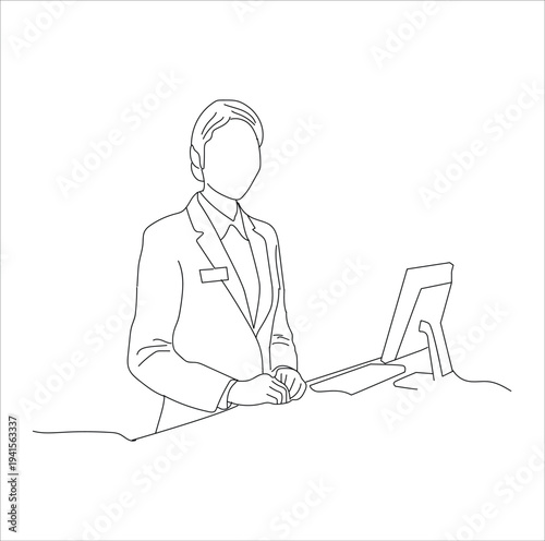 Woman working in operation at lobby hotel. line art