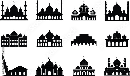 Set of 12 mosque icons vector, black silhouette