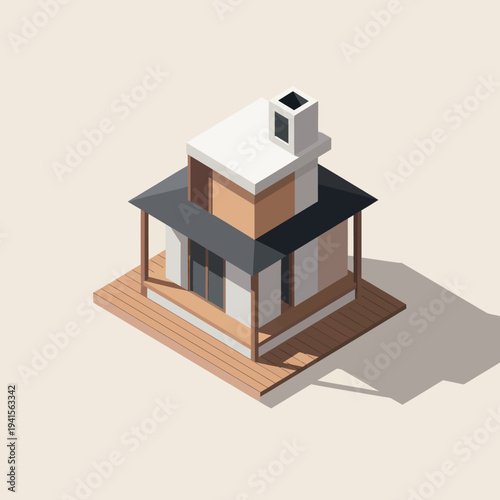 Isometric Wooden House with Chimney and Porch.
