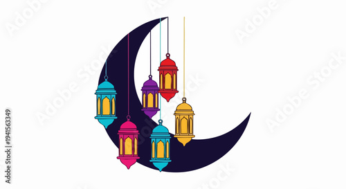 Ramadan crescent moon with hanging lanterns illustration.
