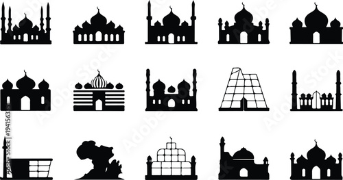 Set of 12 mosque icons vector, black silhouette illustrations