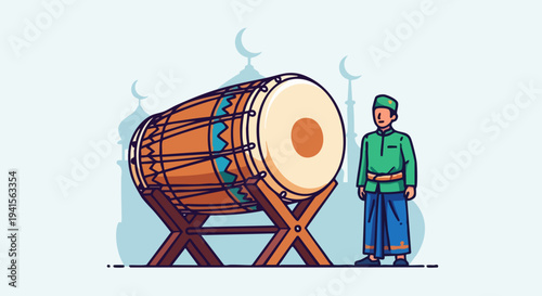 Muslim man and large drum for Eid al-Adha celebration.