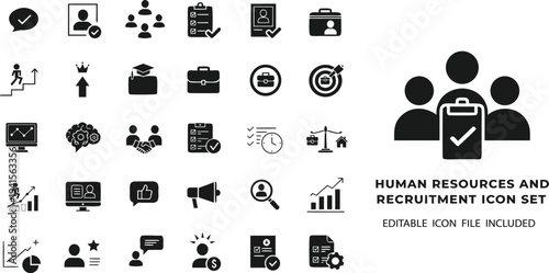 A compilation of black human resources and recruitment icons featuring a checkmark, male profile, people, document, briefcase, and target