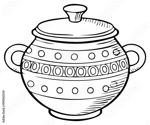 Outlined Sketch of a Pottery Jar with Lid, Ornate Design, Decorative Handle Details