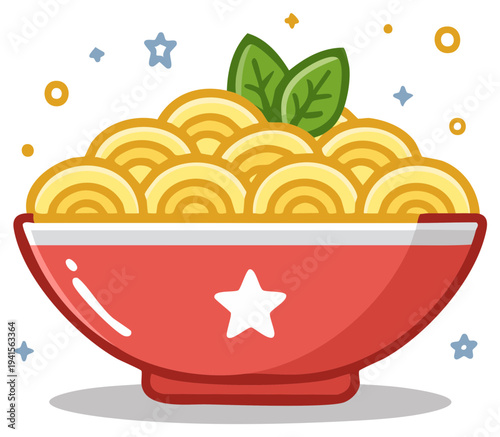 Delicious Noodle Bowl with Fresh Basil and Star Decorations