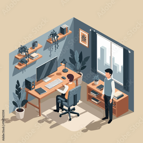 Man working at a desk in a modern home office setup.