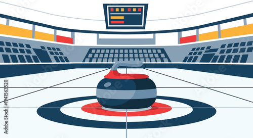 An illustrated indoor curling rink with a stone positioned within a target presented as a striking silhouette high quality professional detailed