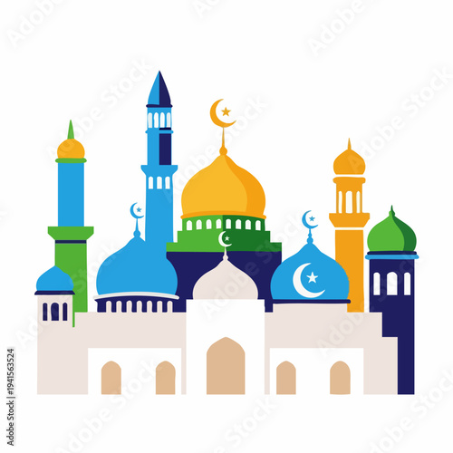 Colorful Mosque Illustration with Domes and Minarets Islamic Architecture.