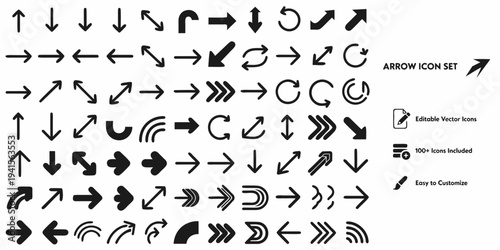 Collection of various arrow icons including simple directional arrows curved arrows and complex arrow shapes for web design navigation and direction indicators