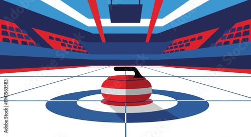 A vibrant stylized depiction of a curling stone in a rink showcasing bold colors and geometric shapes silhouette high quality