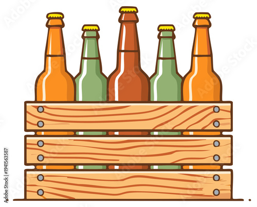 Variety of beer bottles in a wooden crate on a plain background
