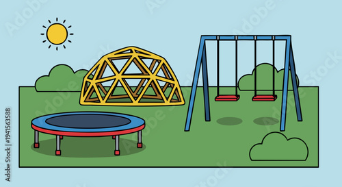 playground with swings, dome, and trampoline.