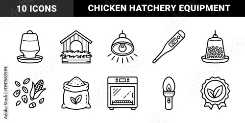 Poultry farming and chicken hatchery equipment elements in technical monoline style. Agricultural pictograms for egg incubation, livestock feeding, and organic brooder maintenance.