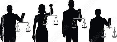 Legal justice concept of diverse people holding scales of justice on transparent background