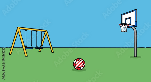 Playground Scene with Basketball Hoop, Swings, and Striped Ball.