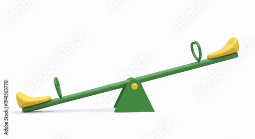 Green and yellow seesaw playground equipment isolated on white background.