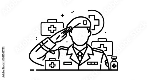 Military Medic Salutes, Medical Kit and Cross Symbol, Healthcare Concept