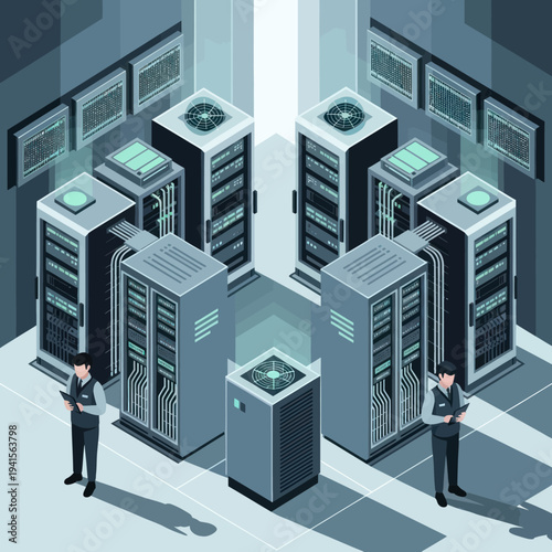 Modern Server Room with Security Personnel and Technology.