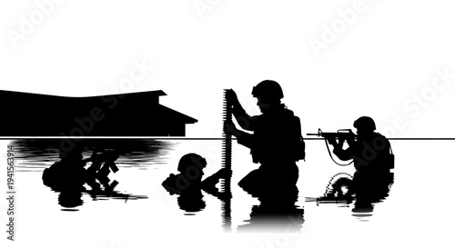 Military Soldiers in Water Silhouette, Combat Operation, Armed Forces