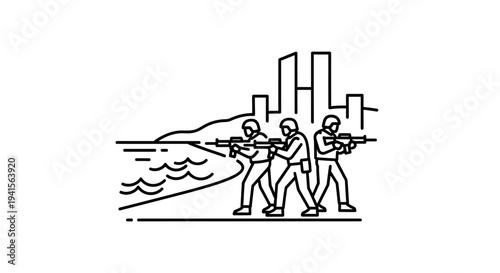 Military Soldiers Advancing on Beach with City Skyline Background
