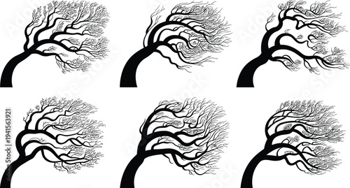 Set of black trees with wind effect, bare branches bent by storm, vector illustration