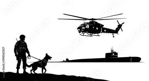 Military Special Forces Soldier with K9 Unit, Helicopter and Submarine Silhouette