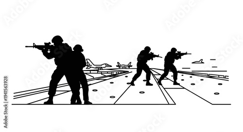 Military Soldiers on Aircraft Carrier Deck with Fighter Jets