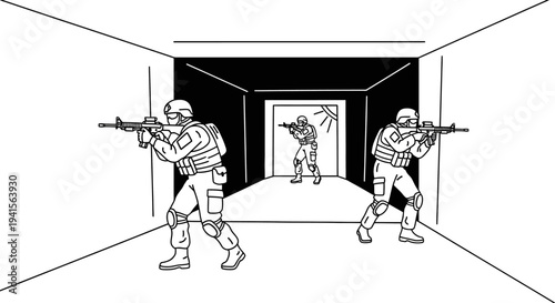 Military Special Forces Team Advancing Through Dark Corridor with Rifles