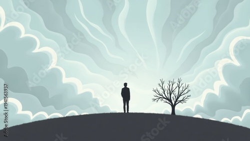 A solitary figure stands on a hilltop beneath a vast, cloud-filled sky.