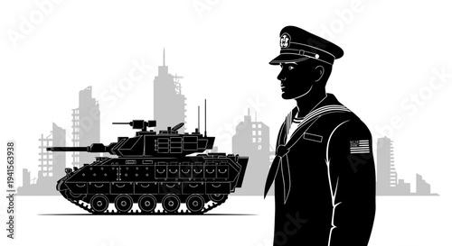 Military Tank and Sailor Silhouette Against Ruined Cityscape