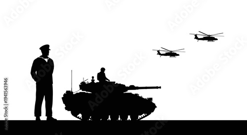 Military Tank and Helicopters Silhouette with Soldier