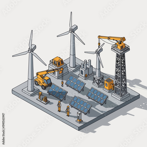 Renewable Energy Power Plant with Wind Turbines and Solar Panels.