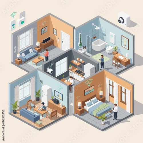 Smart Home Interior Design with Connected Devices and People.