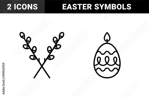 Easter holiday celebration symbols featuring pussy willow branches and decorated egg with candle flame. Minimalist monoline black and white graphic elements for seasonal greeting cards.