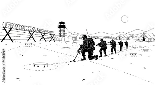 Military team searches for mines with detector near barbed wire fence and tents