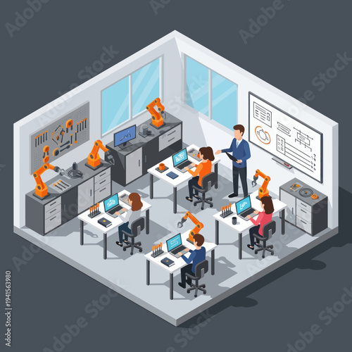 Students learning robotics and automation in a modern classroom setting.