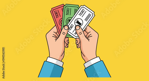 A pair of hands display several colorful tickets showcasing potential event access in a flat silhouette high quality professional detailed modern